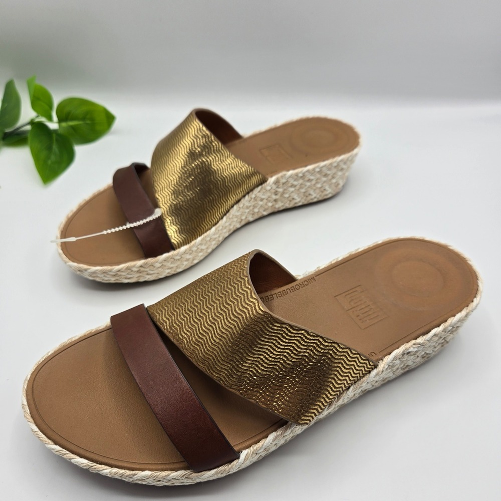 FitFlop Asya Slide Gold Cognac Wedge Sandals R73-681 Espadrille WMS 7M